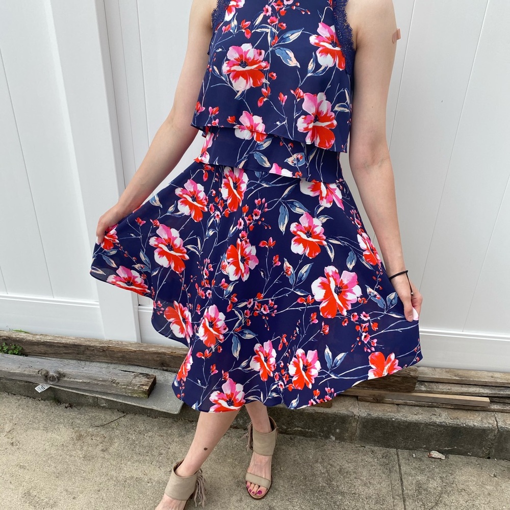 Ivanka Trump Navy Floral Midi Dress with Red and Pink Blooms